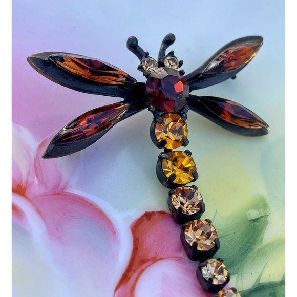 Vintage Brooch Articulated Dragonfly Brown Orange Rhinestones - Picture 9 of 10
